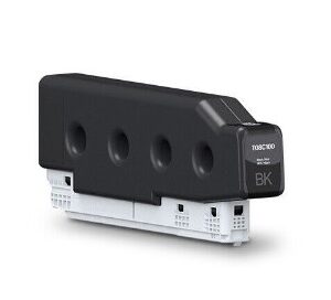 JFM Technology Black printer ink cartridge module with three circular ports and a white mounting base used in a large format printer