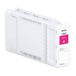 Epson magenta ink cartridge m for printers shown from the side with a white body and magenta label and 350 ml capacity