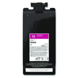 Magenta epson ink bottle labeled with m and product code t57s3 shown with a tall black bag and label on the front