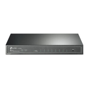 Front view of a TP Link TL SG2008 8 port gigabit smart switch