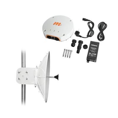 JFM Technology Motorized satellite dish kit with a small white dish mounting hardware and power supply accessory set