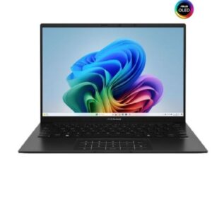 Open black laptop displaying a vibrant colorful wallpaper asus oled badge in the top right corner