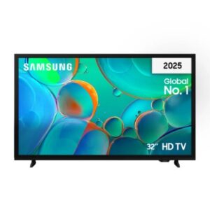 JFM Technology Samsung 32 inch hd tv shown from the front displaying a colorful abstract image labeled 2025 global no 1
