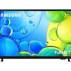 Front view of a samsung full hd tv on a white background with a black bezel and two stand feet displaying a blue green bubbly wallpaper