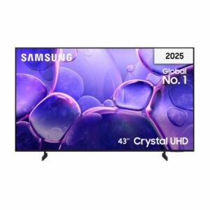 JFM Technology Samsung 43 inch crystal uhd tv 2025 with purple abstract display two legs and a global no 1 label in the corner