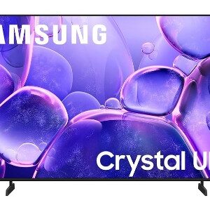 JFM Technology Samsung Crystal UHD TV on a black frame with purple abstract screen and two angled feet