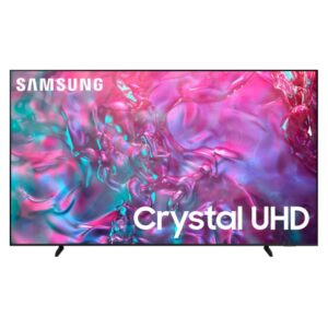 JFM Technology Samsung Crystal UHD flat screen TV with a vibrant pink teal abstract display and two angled feet on white background