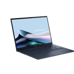 JFM Technology Open asus zenbook laptop on a white background angled to show the screen with a blue wave wallpaper and keyboard