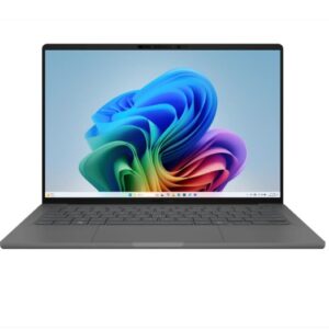 JFM Technology Front view of a gray laptop open to a colorful abstract wallpaper on the screen keyboard visible on a white background