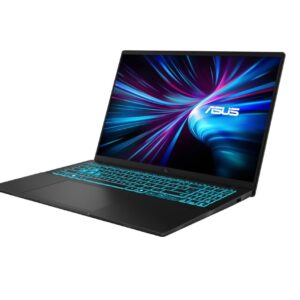 Open asus gaming laptop on a white background with a blue backlit keyboard and a vivid colorful screen