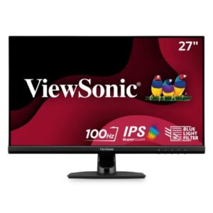 27 inch ViewSonic monitor on a stand featuring 100 Hz IPS panel and Blue Light Filter