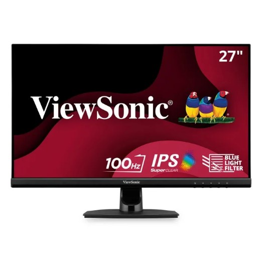JFM Technology 27 inch viewsonic monitor on a stand featuring 100 hz ips panel and blue light filter