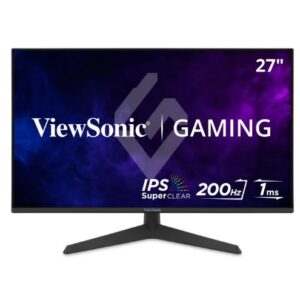 JFM Technology 27 inch ViewSonic Gaming monitor on a stand displaying a purple blue screen with branding and features IPS 200 Hz 1 ms
