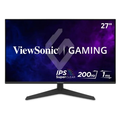 JFM Technology 27 inch viewsonic gaming monitor on a stand displaying a purple blue screen with branding and features ips 200 hz 1 ms