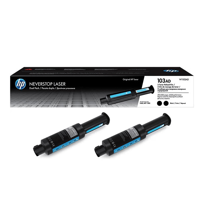 JFM Technology Hp neverstop laser toner box with two replacement toner cartridges beside it 103ad for hp printers