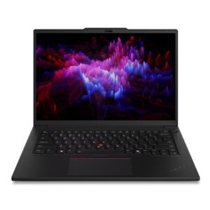 Open black lenovo thinkpad laptop facing the viewer displaying a colorful abstract wallpaper on its screen with a red trackpoint in the middle of the keyboard