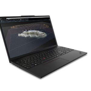 Lenovo thinkpad laptop angled on a white background screen showing a 3d island terrain model with grid lines and data visualization