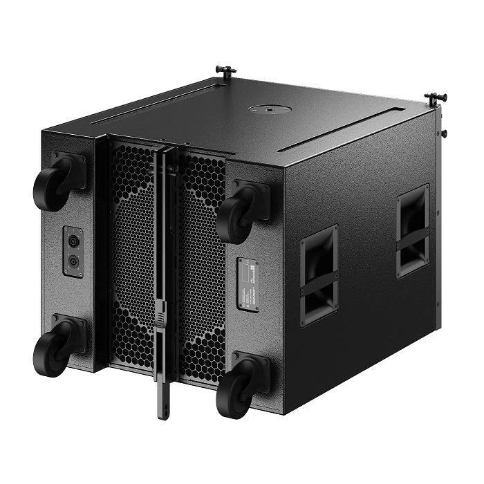 Subwoofer Cardioide 18 DAmpB XSLSUB vista 2 JFM Technology Black portable subwoofer with four casters and a honeycomb vent shown from the rear