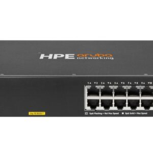 Rack mountable HPE Aruba Ethernet switch with a 24 port front panel and two PoE ready uplinkconsole modules on the left branded top cover visible