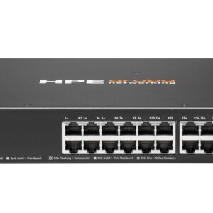 Front view of an hp aruba 6200f network switch with a row of 24 1g ethernet ports console usb and status leds on the right side