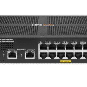 Front view of an HPE 6000 networking switch with 24 RJ 45 Ethernet ports and status LEDs across the front panel