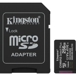 Black Kingston microSD adapter labeled ADAPTER with a pull out lock and microSD text shown beside a smaller Kingston microSD card