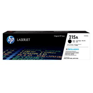 HP LaserJet 215A toner cartridge box with HP logo and Original HP Toner label on a black and white package
