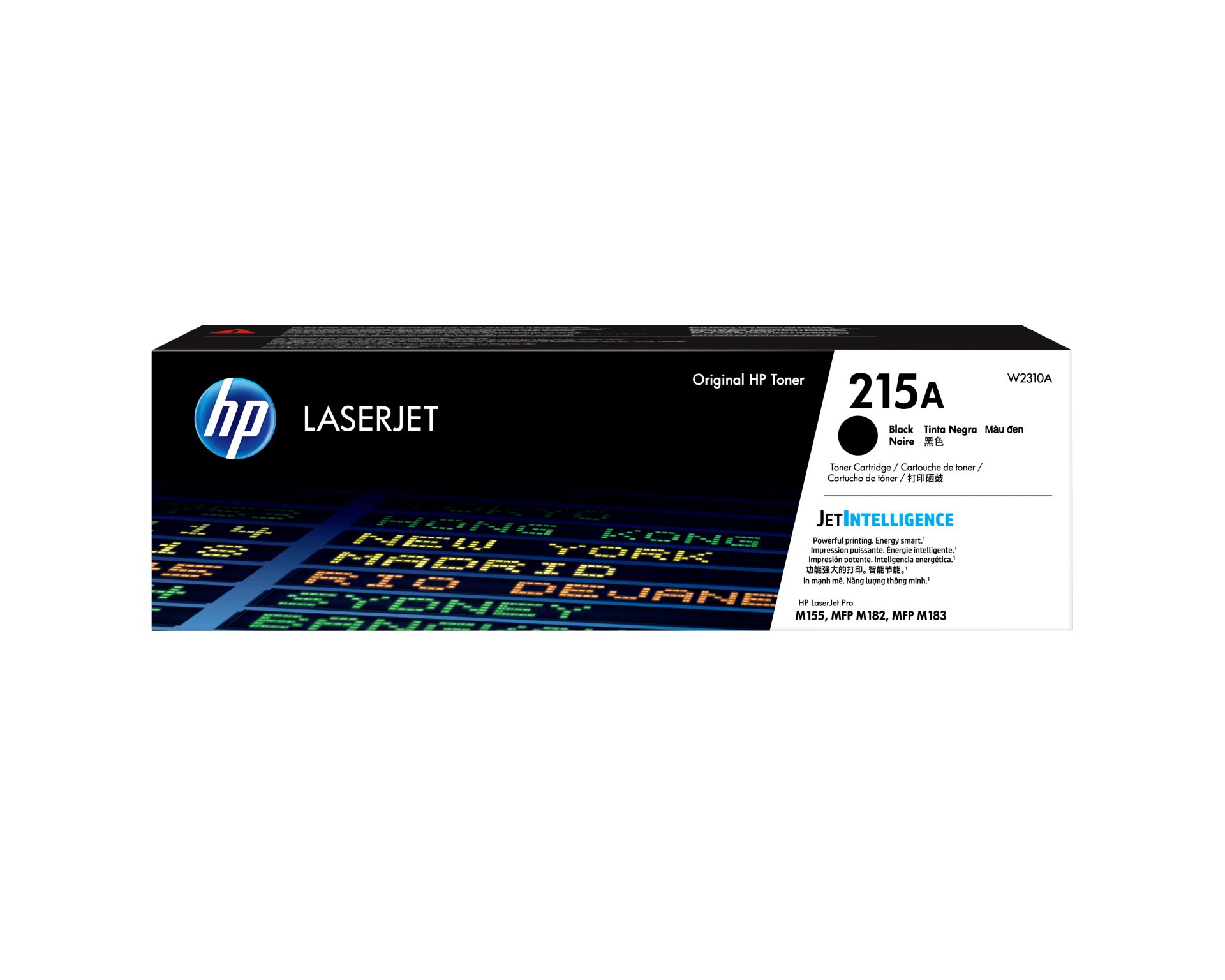 JFM Technology Hp laserjet 215a toner cartridge box with hp logo and original hp toner label on a black and white package
