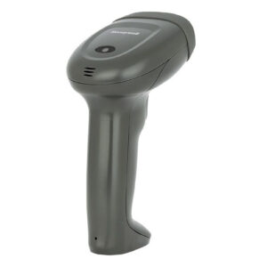 Grey handheld barcode scanner with trigger in a pistol grip design angled head facing left