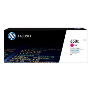 Hp laserjet toner box white and black with hp logo and 658x magenta label on side panel