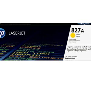JFM Technology HP LaserJet 827A yellow print cartridge box CF302A featuring HP logo and yellow swatch on the white label side