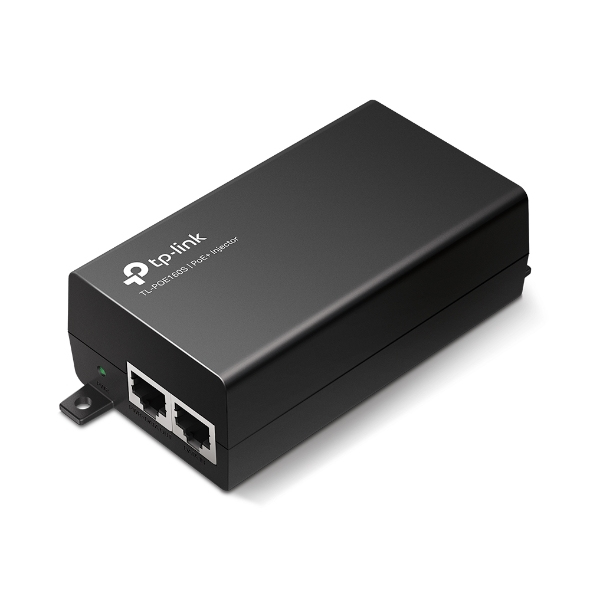 JFM Technology Black tp link poe injector with two ethernet ports and a green status led used to provide power over ethernet to devices