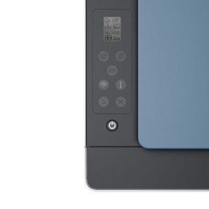 JFM Technology Close up of a printer control panel showing a power button and circular icon buttons on a dark strip with a blue cover to the right