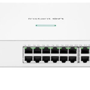 JFM Technology Front view of a white instant on network switch with two 24 port ethernet blocks and green activity leds in a clean office setting