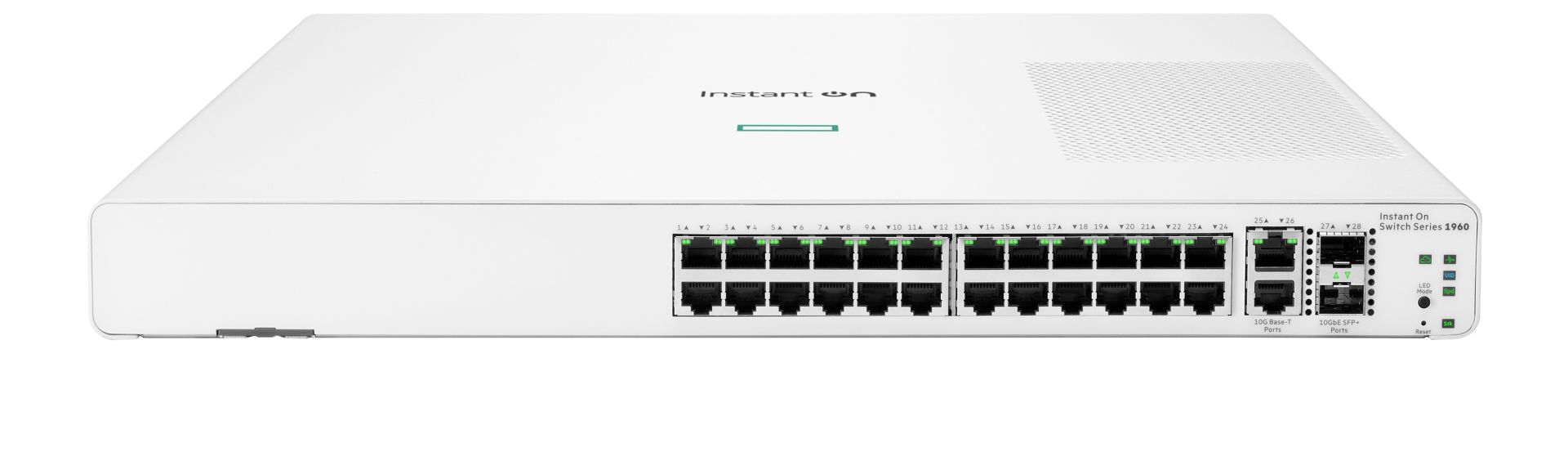 JFM Technology Front view of a white Instant On network switch with two 24 port Ethernet blocks and green activity LEDs in a clean office setting