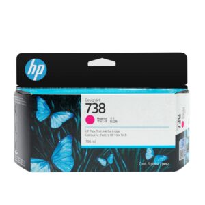 HP DesignJet magenta ink cartridge box Model 738 130 ml with blue butterfly artwork on the packaging