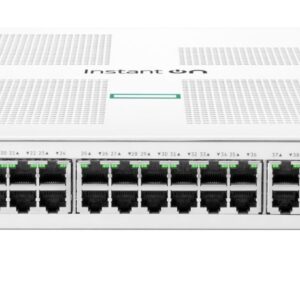 Front view of a white Cisco Instant On Switch Series 1930 with 48 RJ 45 ports and two SFP+ uplink ports on the right showing green status LEDs