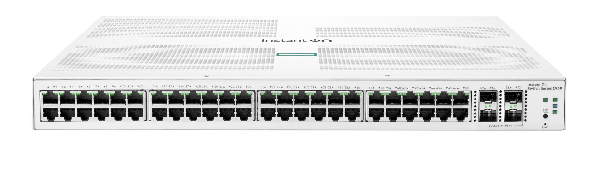 JFM Technology Front view of a white cisco instant on switch series 1930 with 48 rj 45 ports and two sfp+ uplink ports on the right showing green status leds