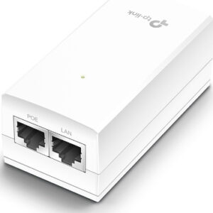 JFM Technology White poe injector with two ethernet ports labeled poe and lan shown at an angle