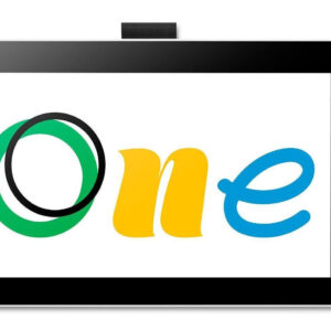 Tablet with a stylus showing the colorful one logo on screen green yellow blue