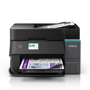 Black Epson compact inkjet printer with printed color sheets in feeder and visible ink tanks on the side