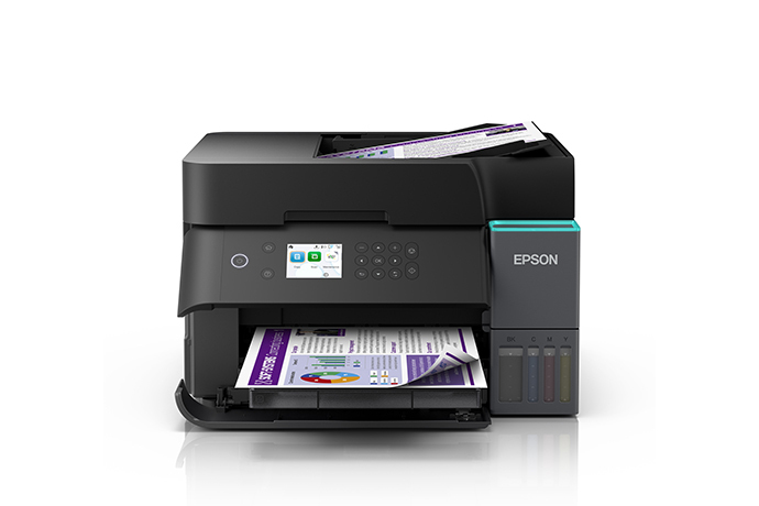 JFM Technology Black epson compact inkjet printer with printed color sheets in feeder and visible ink tanks on the side