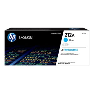 Hp laserjet toner box with cyan 212a label and hp logo on black and white packaging