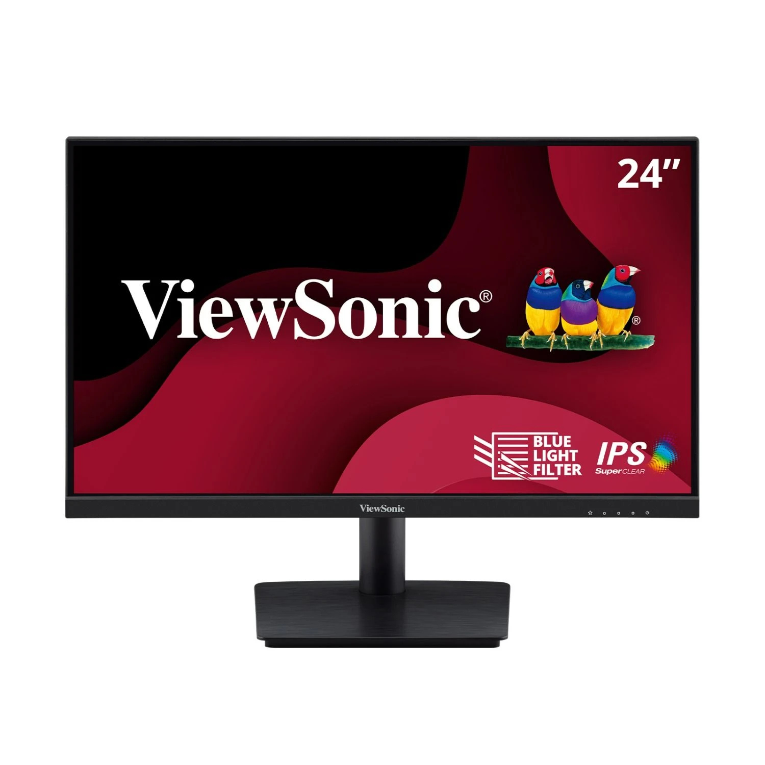 JFM Technology Viewsonic 24 inch computer monitor on a stand displaying a redblack abstract wallpaper with the viewsonic logo visible on screen edge