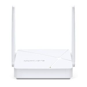 JFM Technology Mercusys white wireless router with two external antennas standing on a flat surface