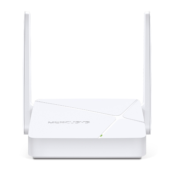 JFM Technology Mercusys white wireless router with two external antennas standing on a flat surface