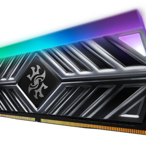 Rgb lit high end graphics card with metallic fins and pcie edge connector shown from an angled view