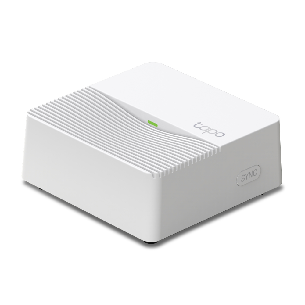 JFM Technology White rectangular TP Link Tapo smart home hub with a ribbed vented front a small green status LED and a SYNC button on the side