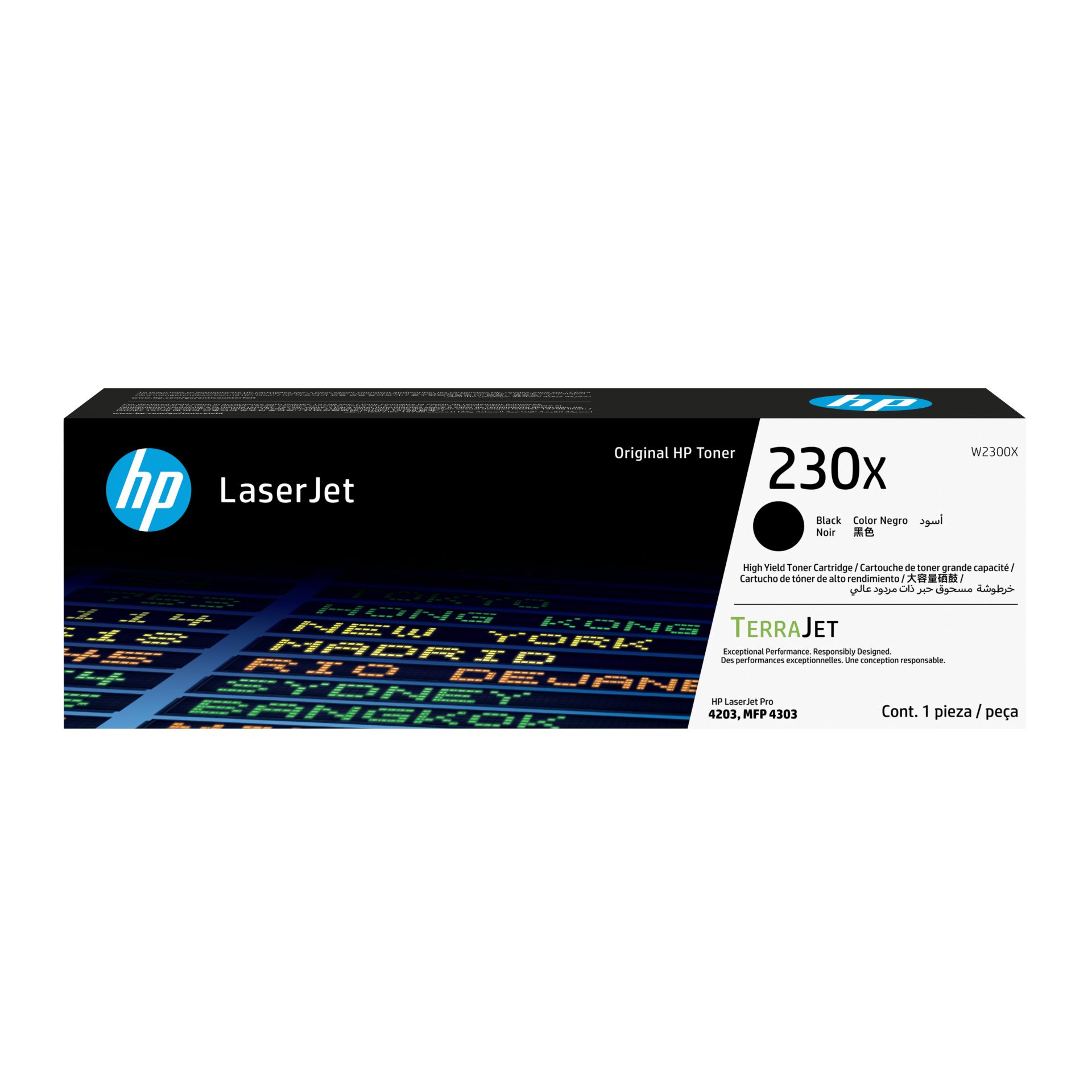 JFM Technology Hp laserjet toner cartridge box with blue hp logo and 230x capacity label on a blackwhite package design