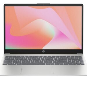 JFM Technology Hp laptop open with silver chassis colorful abstract screen on display